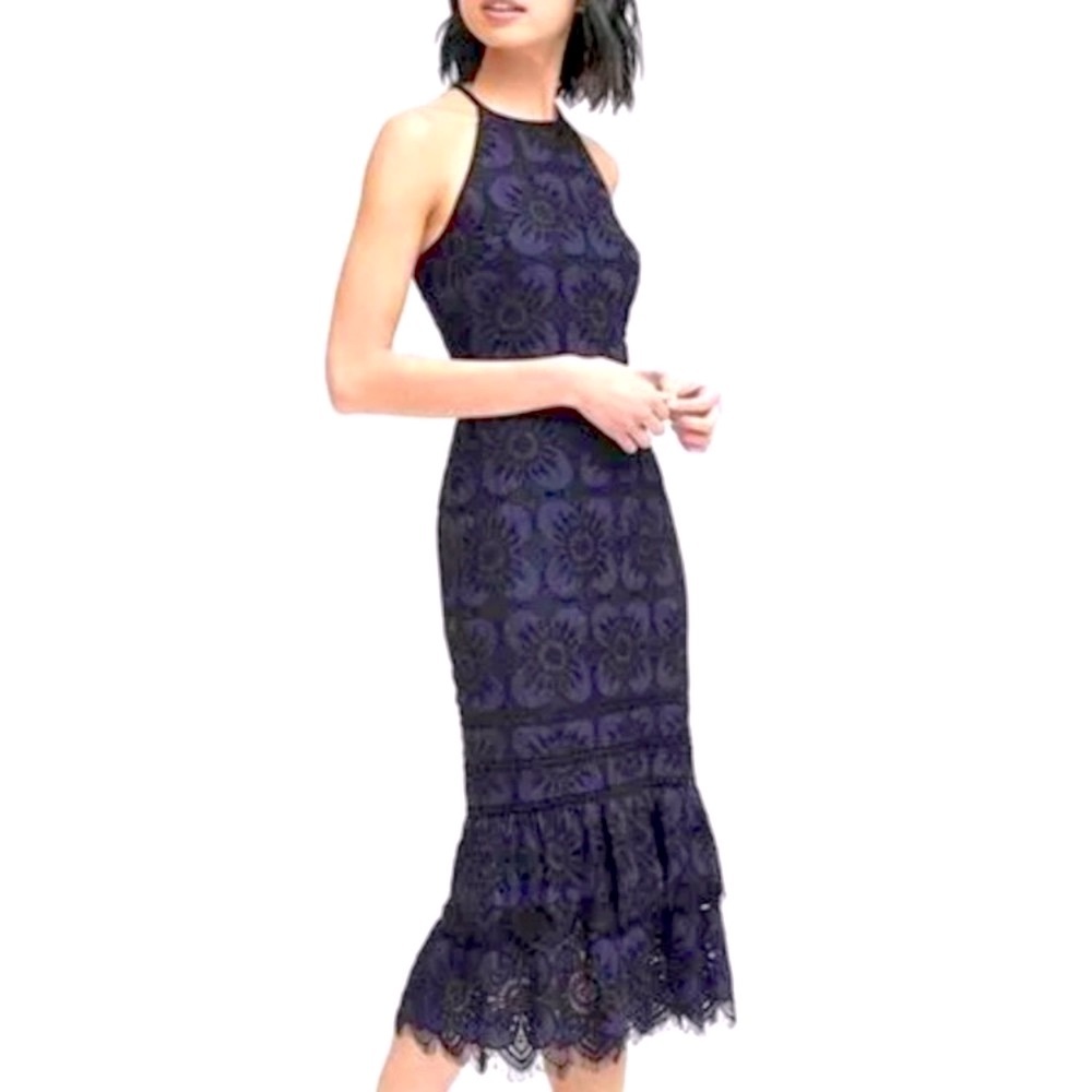 NWT Banana Republic Dress Midi Lace Blue Black Trumphet Ruffle Cocktail Dress 8